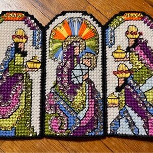 Needlepoint Triptych Nativity TriFold Colorful Sequined Art 10” Handmade